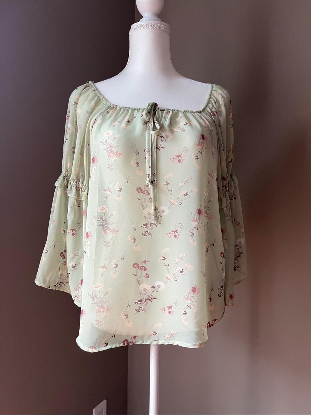 Light Green Floral Peasant Blouse with Tie Neck